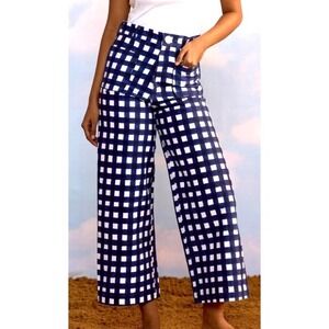 Banana Republic Navy Blue White Gingham Wide Leg Crop Pants Womens 4 Stretch